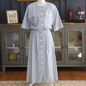 Vintage Blue & White Stripe Cotton Maxi Dress Size 12 Cottage Coastal Grandma